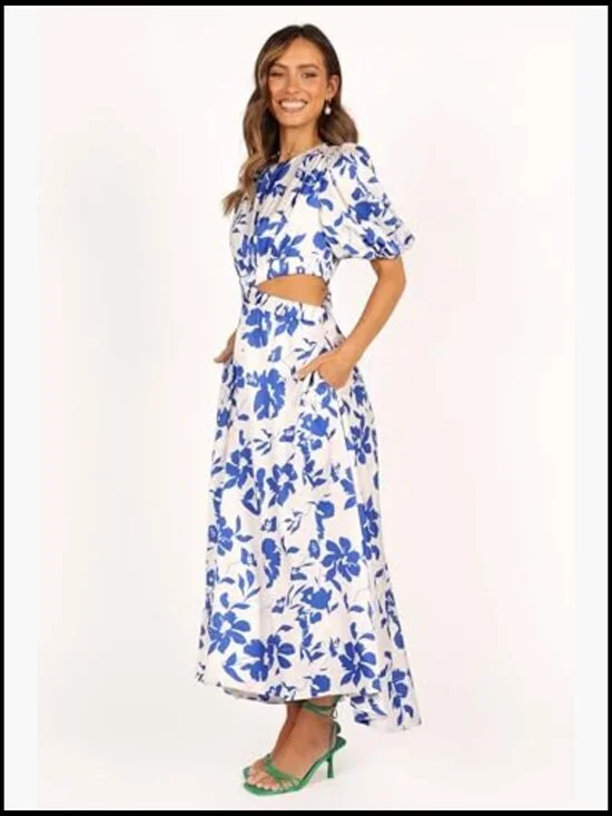 Maxi Dress with Puff Sleeves, Elastic Waist, Side Cutouts, Pockets - Picture 4 of 7